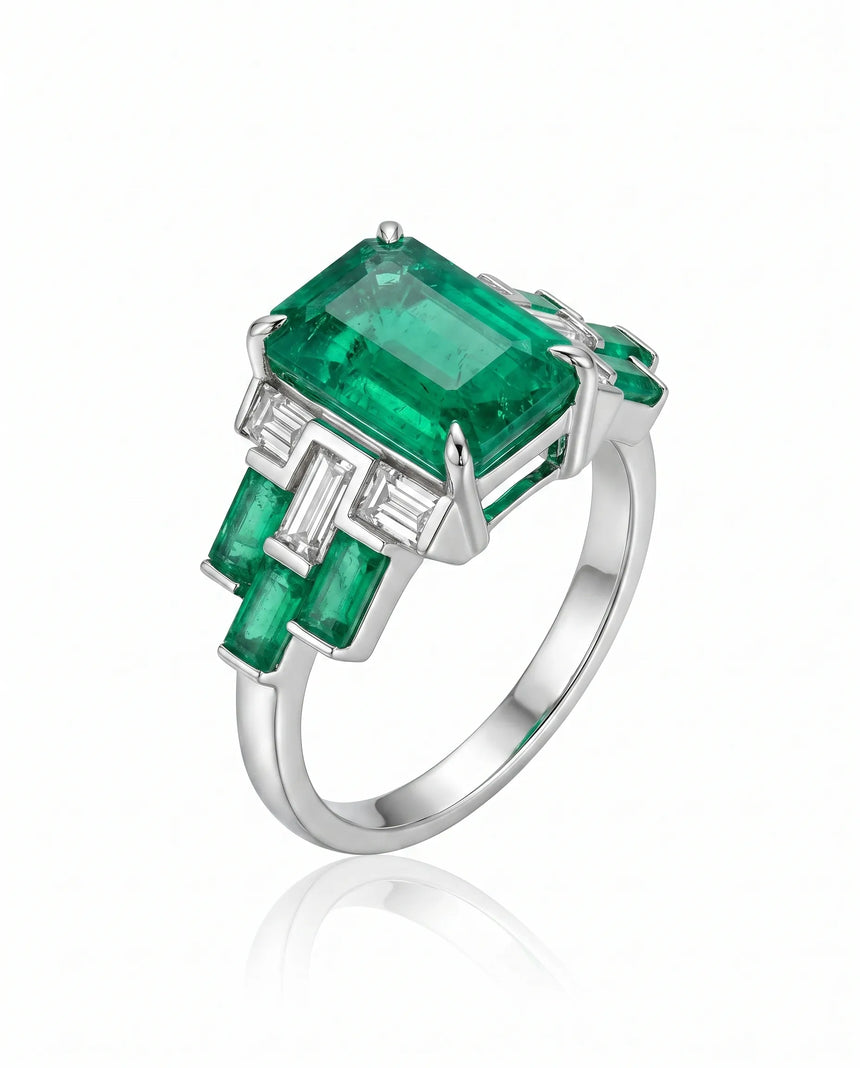 Heritage Emerald Geometric Promise Ring in 18K White Gold with natural emerald and baguette diamond accents | SARATTI