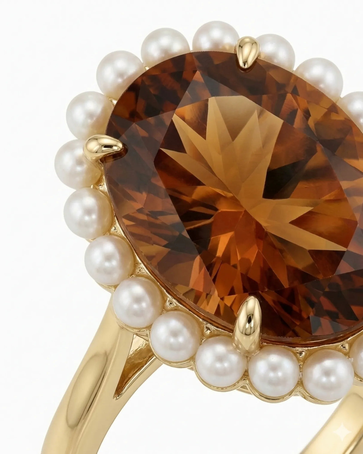 High-jewelry Imperial Topaz statement ring with pearls and rich 18K yellow gold | SARATTI