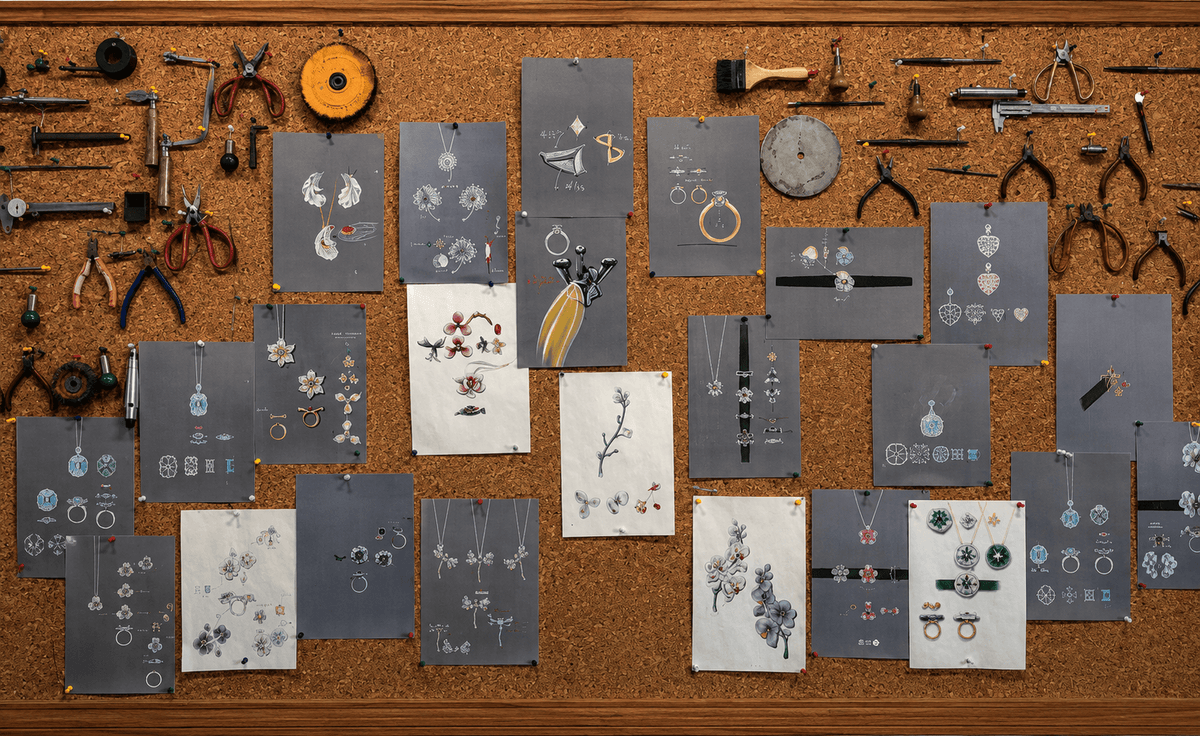 High Jewelry Craftsmanship Board with all Tools & Gouchee Paintings - SARATTI