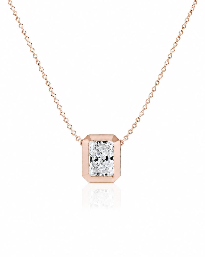 SOLARA Bezel-Set Radiant Cut solitaire necklace setting in rose gold, front view | SARATTI