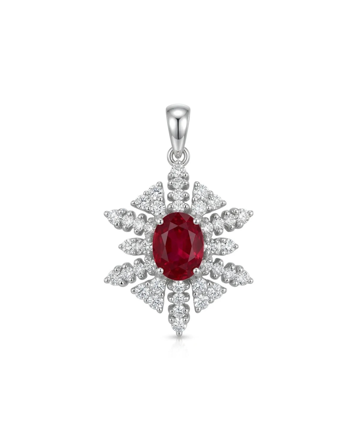 ISADORA snowflake pendant brooch with oval pigeon blood ruby and radiating diamond clusters in 18K gold | SARATTI