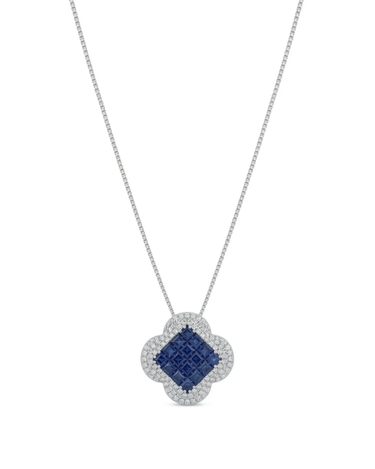 ISOLDE sapphire diamond pendant necklace with geometric blue sapphire centre and four-lobed 18K gold frame | SARATTI