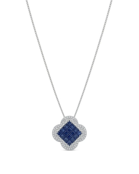 ISOLDE sapphire diamond pendant necklace with geometric blue sapphire centre and four-lobed 18K gold frame | SARATTI