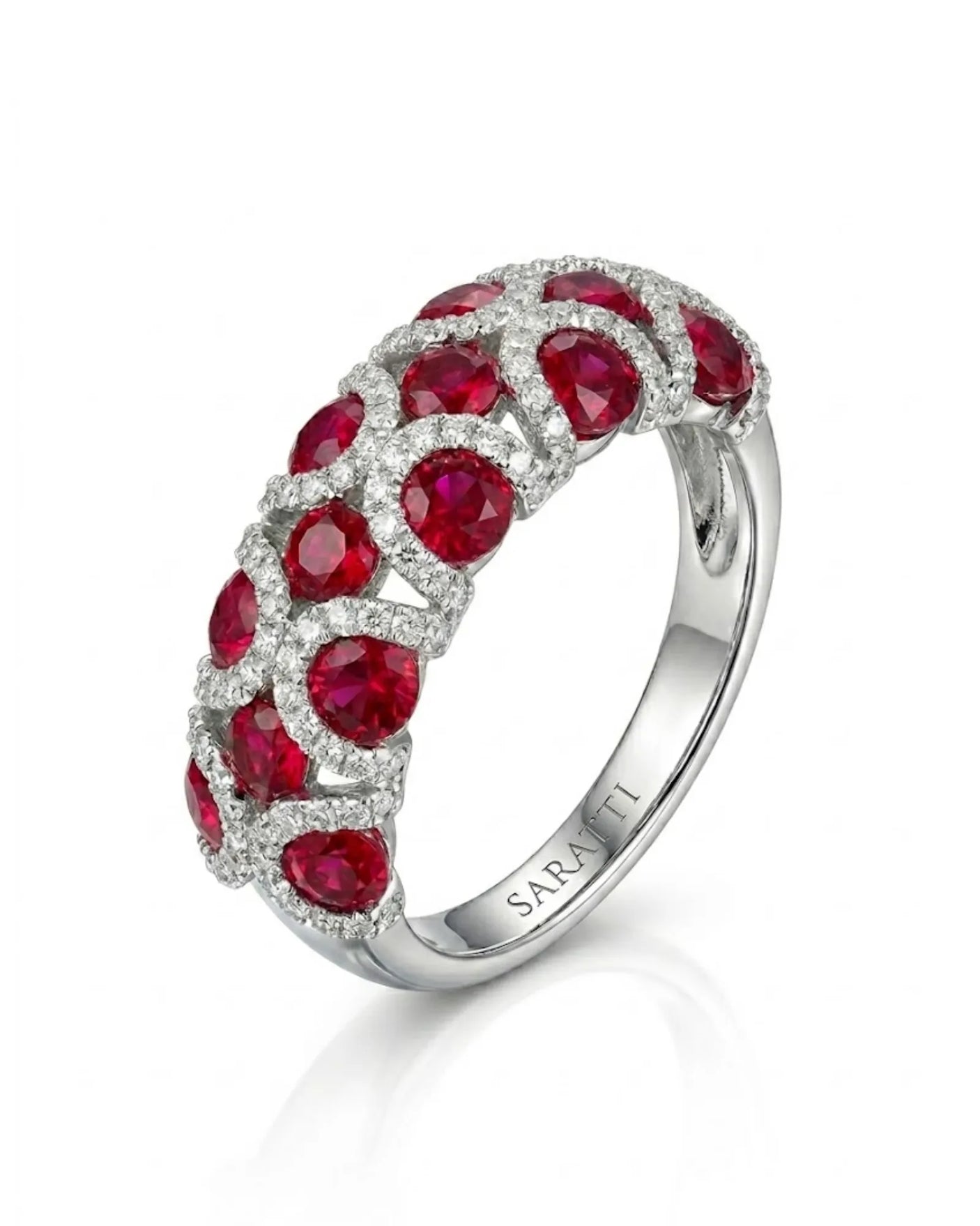 Imperial Radiance Natural Ruby Diamond Ring in 18K White Gold with vivid red rubies | SARATTI