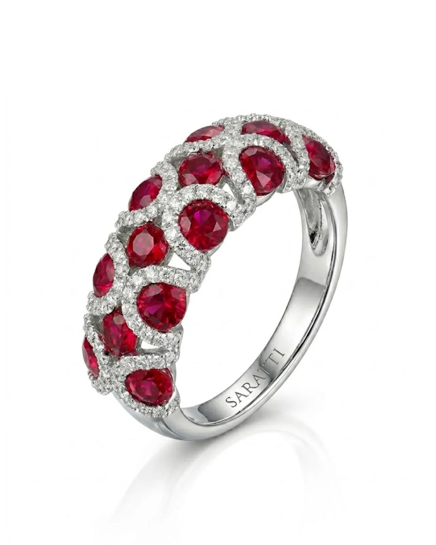 Imperial Radiance Natural Ruby Diamond Ring in 18K White Gold with vivid red rubies | SARATTI
