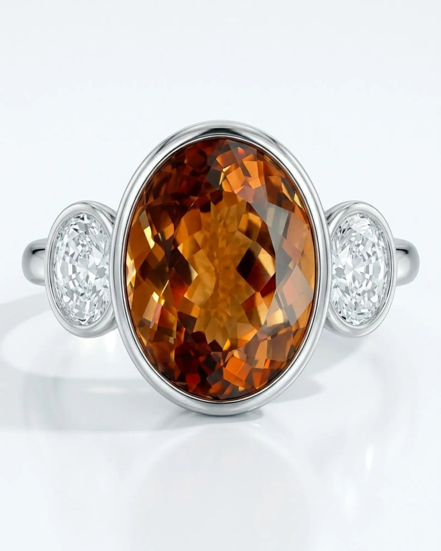 Imperial Topaz Three-Stone Bezel Setting in platinum | SARATTI