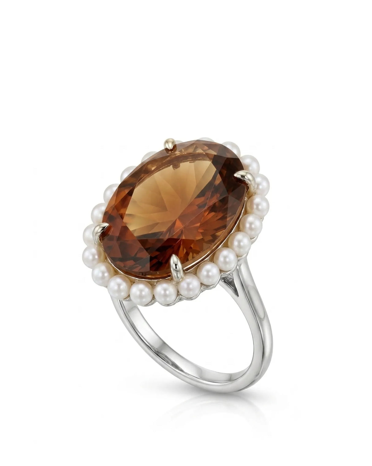 Imperial Topaz and pearl engagement ring designed with an elegant platinum setting | SARATTI