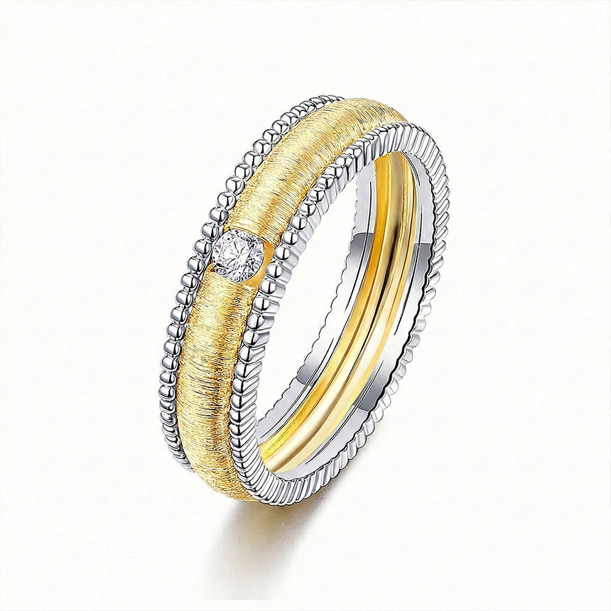 Imperium layered wedding band for men 18k white and yellow gold round diamond center milgrain | SARATTI
