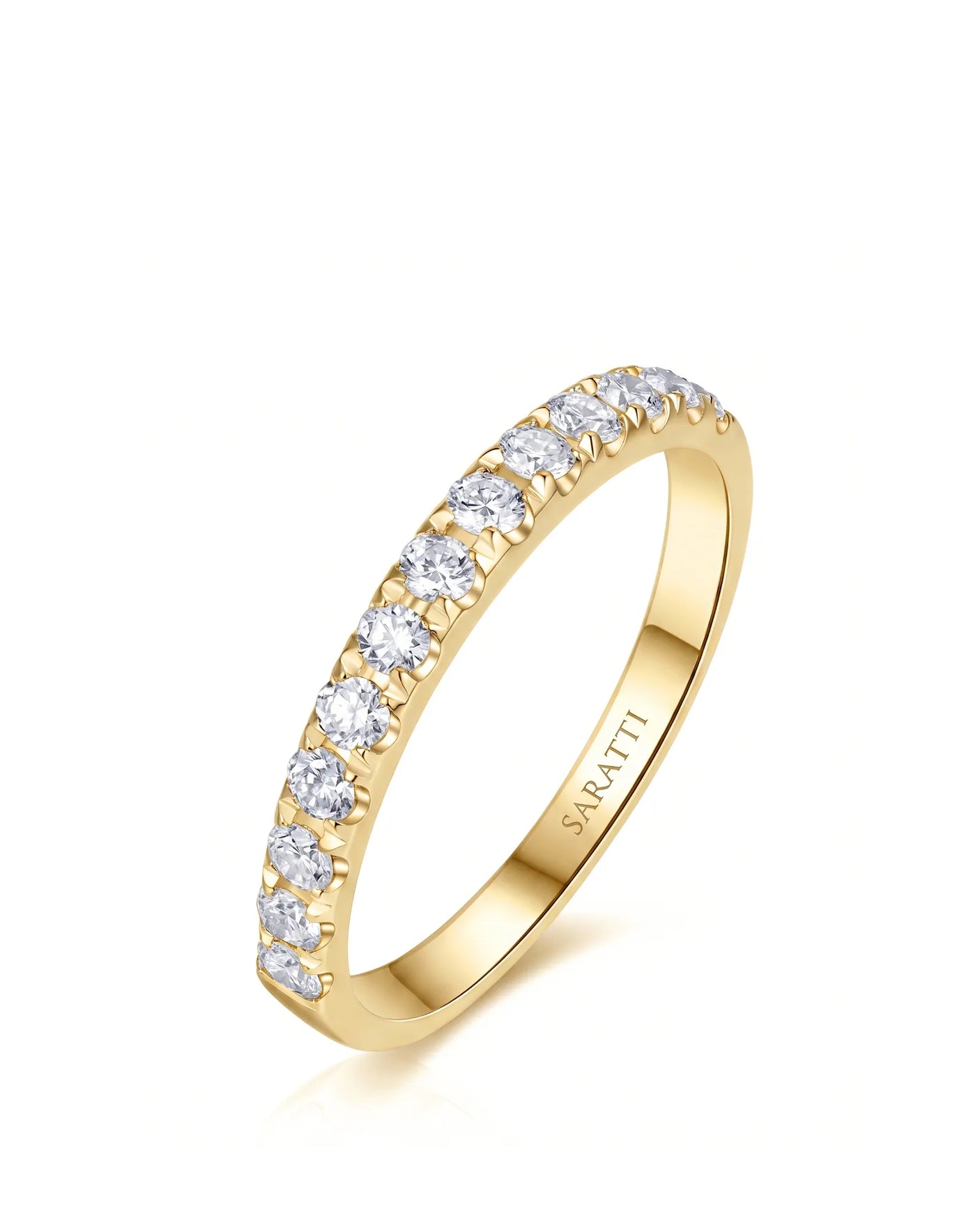 Infinity diamond wedding band with flowing diamond accents crafted in polished 18K yellow gold | SARATTI