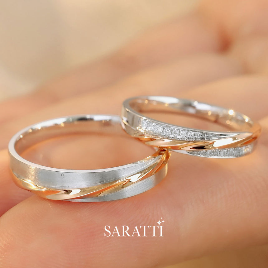 Intertwinimg White and Rose Gold Diamond Wedding Set | Saratti