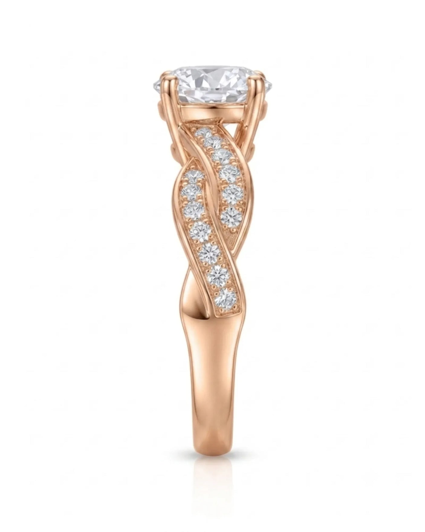 Intertwined moissanite ring with flowing pavé bands and round center stone in 18K rose gold | SARATTI