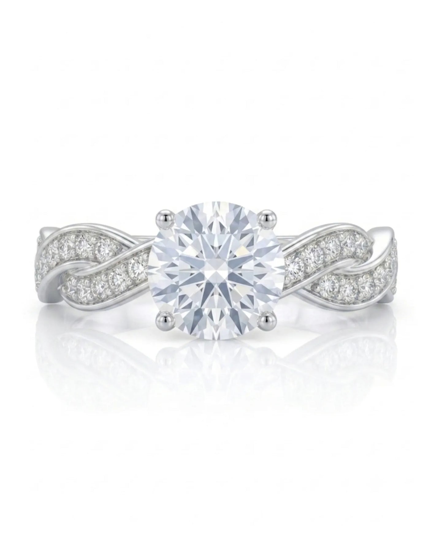 Intertwined moissanite ring with flowing pavé bands and round center stone in 18K white gold | SARATTI