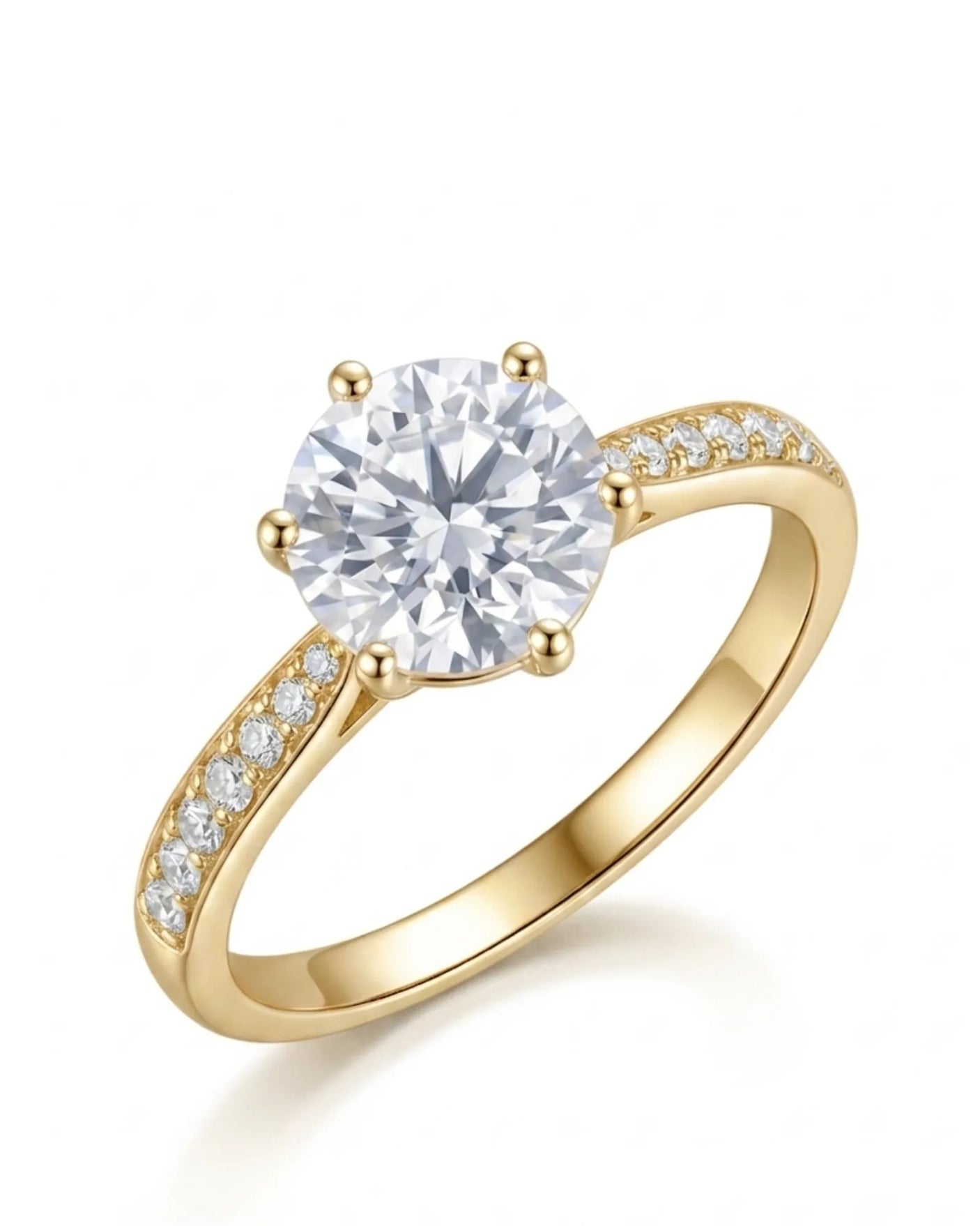 Janya round diamond engagement ring with pavé side stones and a polished 18K yellow gold band | SARATTI