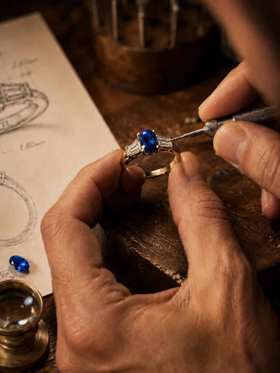 SARATTI bespoke sapphire ring concept with pencil sketch, oval blue sapphire gemstone, and printed CAD design reference