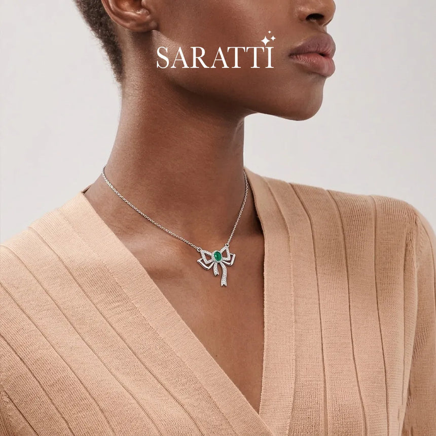 Joyous Bow necklace with centered green gemstone | SARATTI
