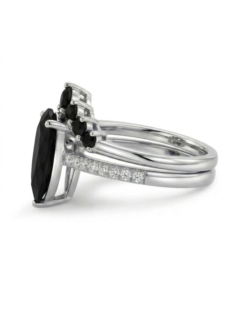 Kayla black natural pear diamond bridal set side view with pavé diamond wedding band in 18K white gold | SARATTI