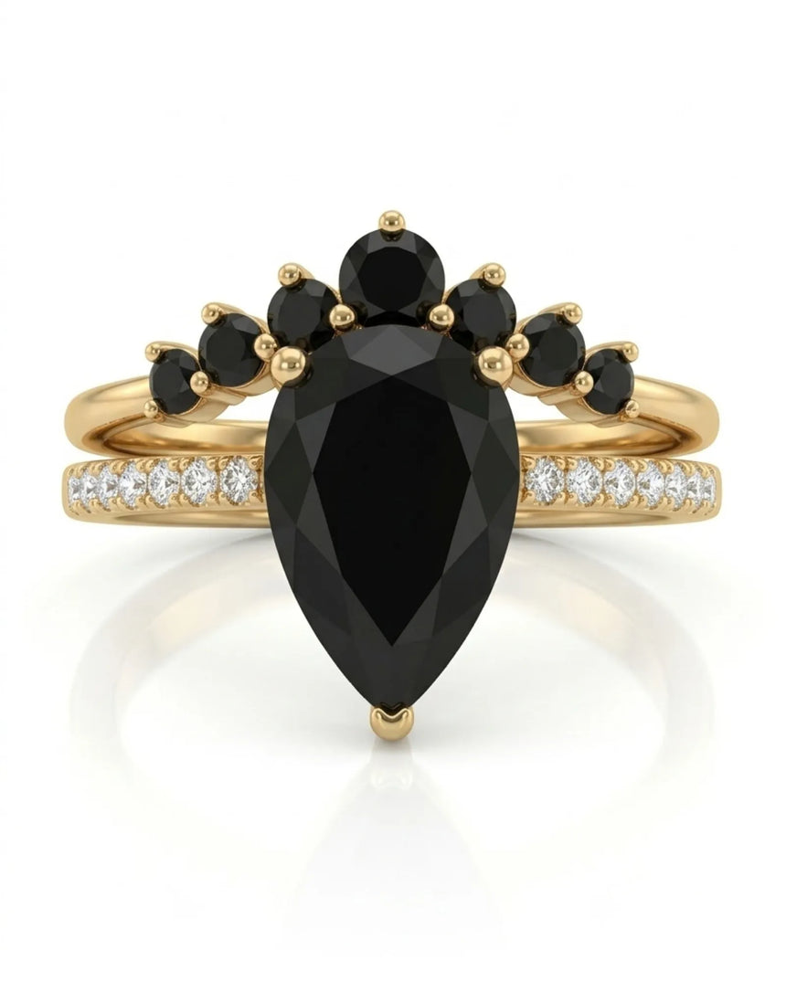 Kayla black natural pear diamond engagement ring side profile with crown of black side diamonds in 18K yellow gold | SARATTI