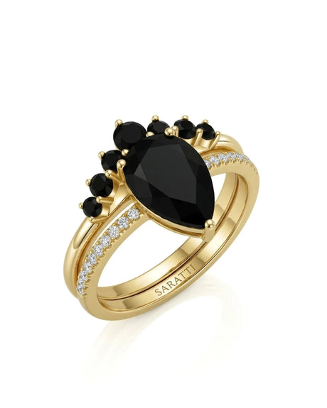 Kayla black natural pear diamond vintage-inspired bridal set front view in 18K yellow gold | SARATTI