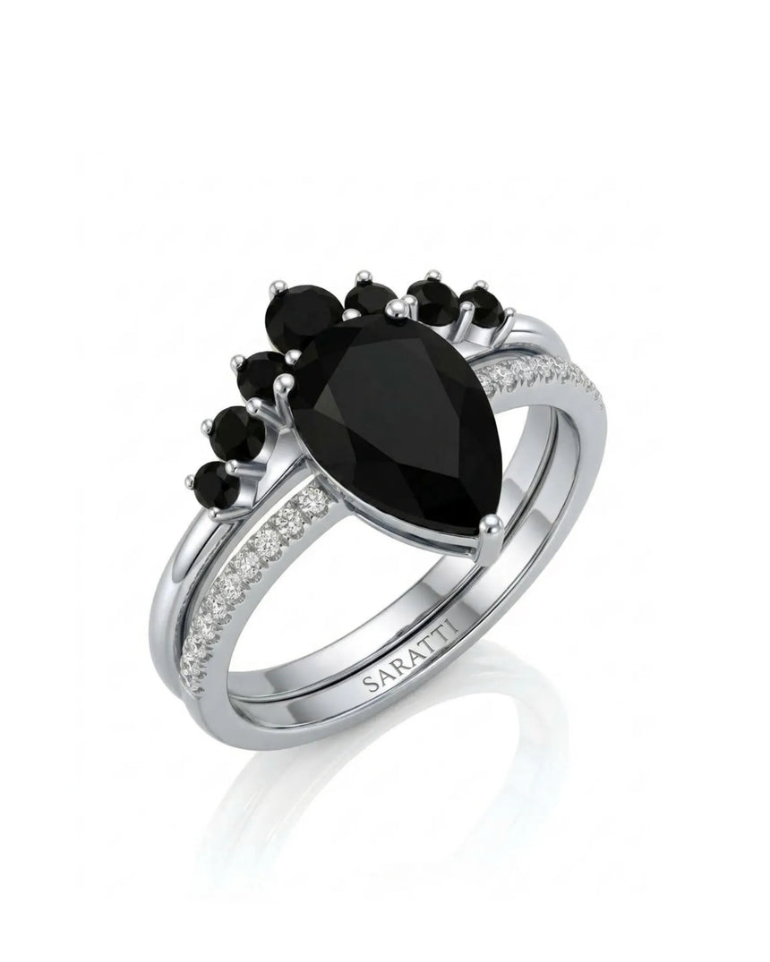 Kayla black natural pear diamond vintage-inspired bridal set front view in Platinum | SARATTI