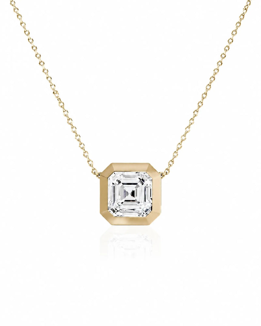 SOLARA Bezel-Set Asscher Cut solitaire necklace setting in yellow gold, front view | SARATTI