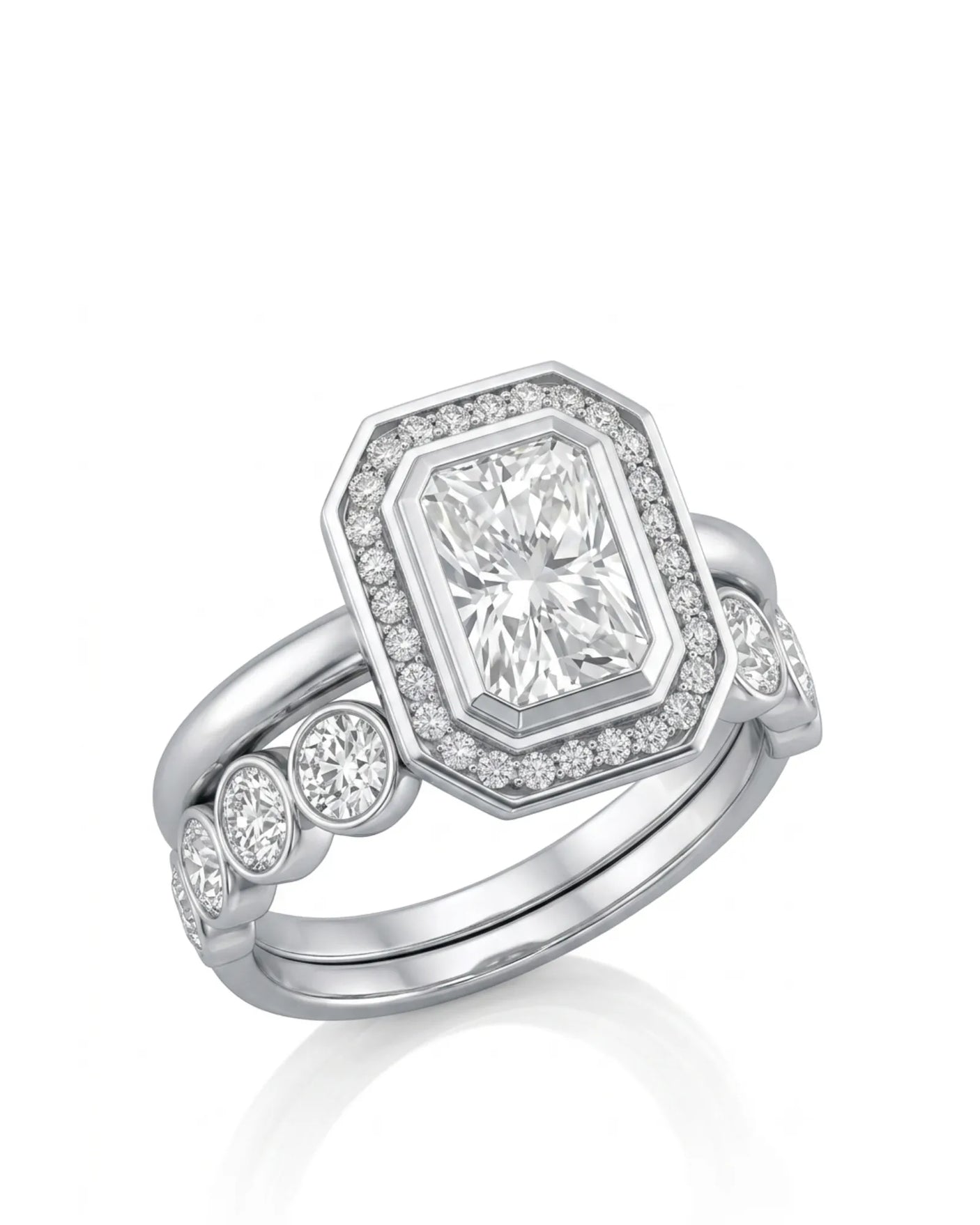 LEXIE radiant cut moissanite bridal set with octagonal halo and matching band crafted in platinum | SARATTI