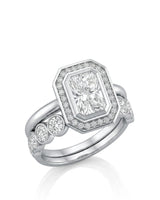 LEXIE radiant cut moissanite bridal set with octagonal halo and matching band crafted in platinum | SARATTI