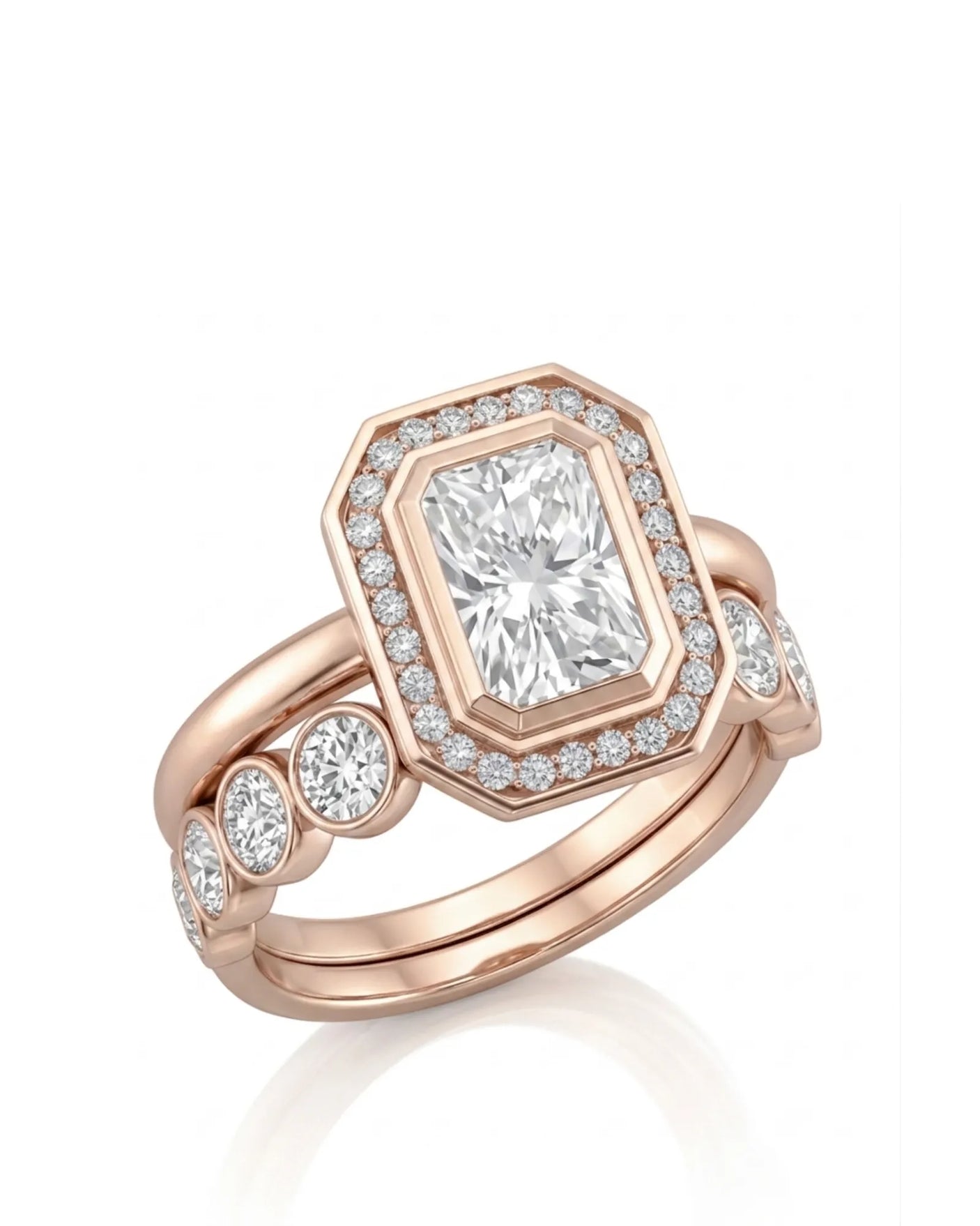 LEXIE radiant cut moissanite bridal set with octagonal halo and matching band in 18K rose gold | SARATTI