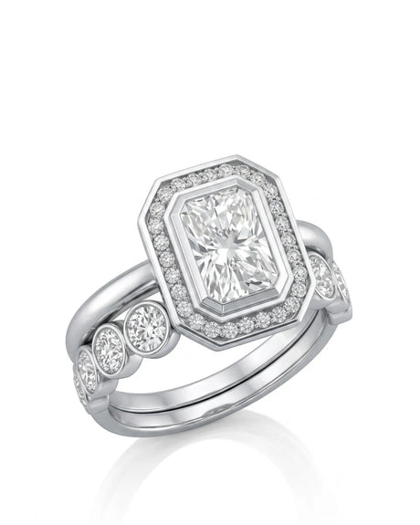 LEXIE radiant cut moissanite bridal set with octagonal halo and matching band in 18K white gold | SARATTI