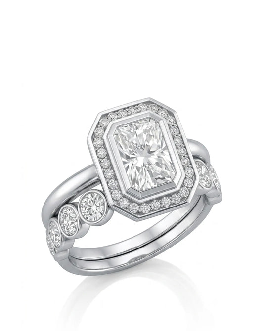 LEXIE radiant cut moissanite bridal set with octagonal halo and matching band in 18K white gold | SARATTI