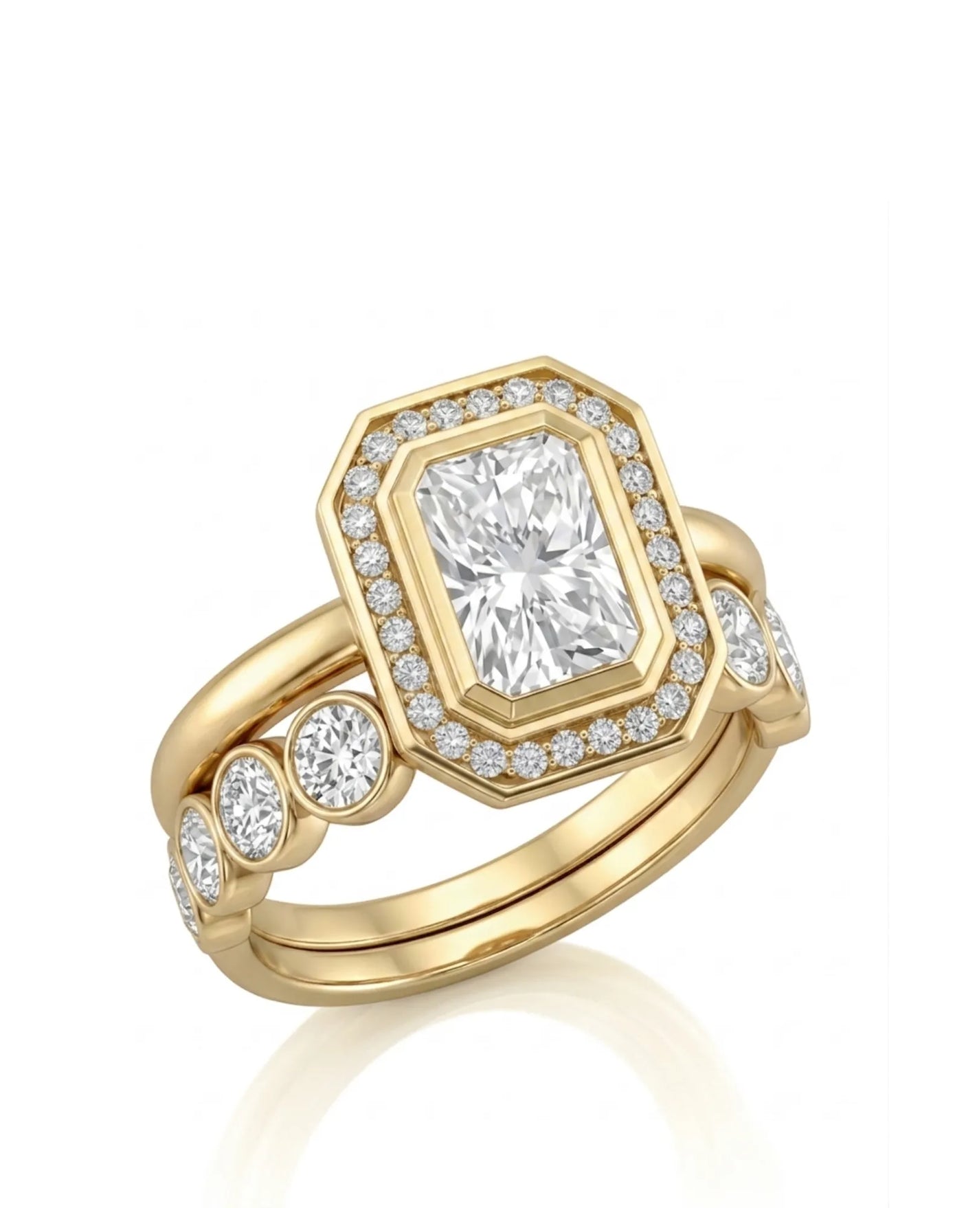 LEXIE radiant cut moissanite bridal set with octagonal halo and matching band in 18K yellow gold | SARATTI