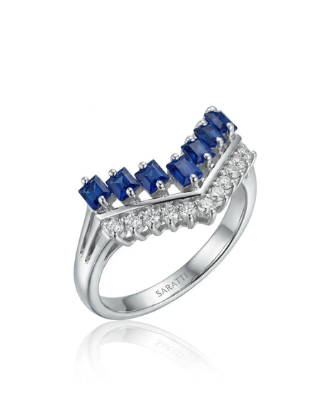 LUNARA V sapphire baguette diamond ring with graduated blue gemstones and platinum chevron setting | SARATTI