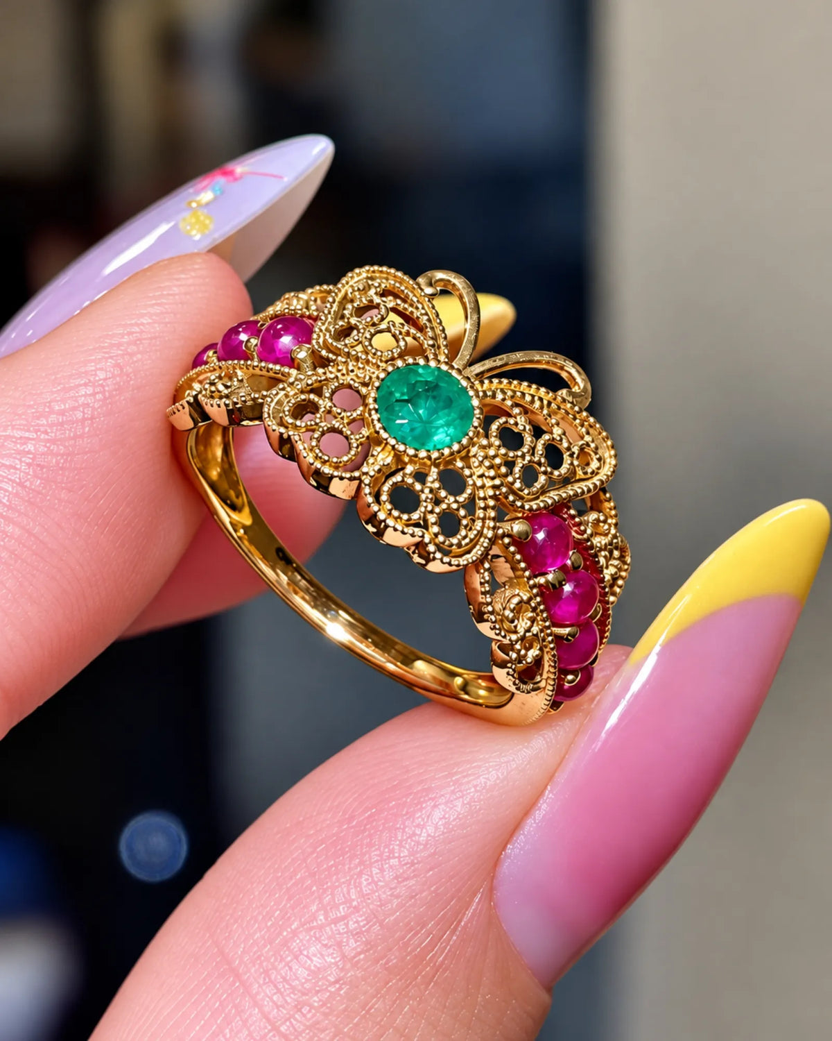 LUNA Emerald Butterfly Filigree Ruby Ring - SARATTI