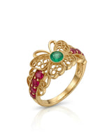 LUNA emerald butterfly ring with ruby accents, openwork filigree and intricate 18K gold detailing | SARATTI