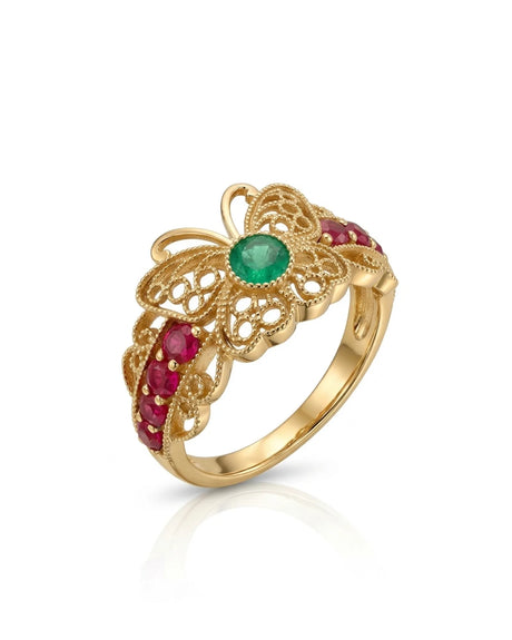 LUNA emerald butterfly ring with ruby accents, openwork filigree and intricate 18K gold detailing | SARATTI