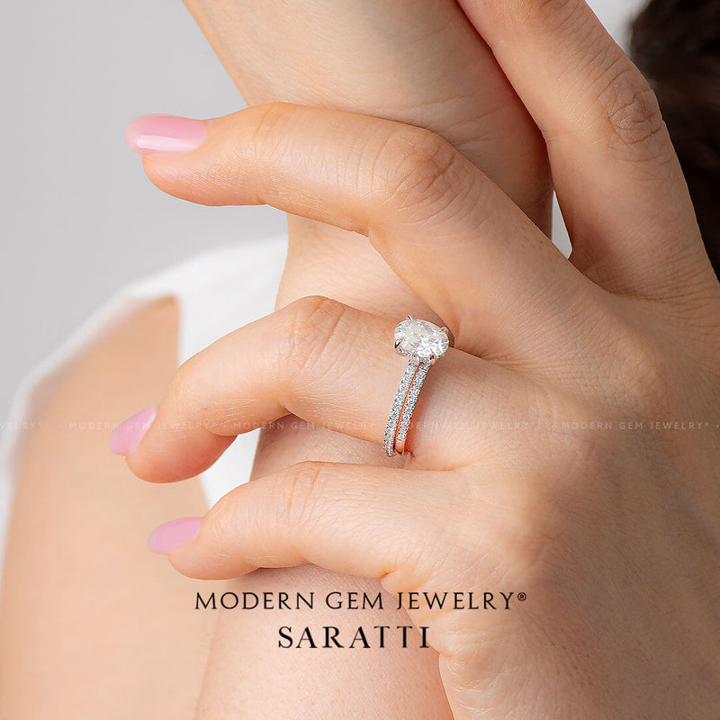 Oval Diamond Ring and Diamond Pave Band Stackable Bridal Set | Saratti