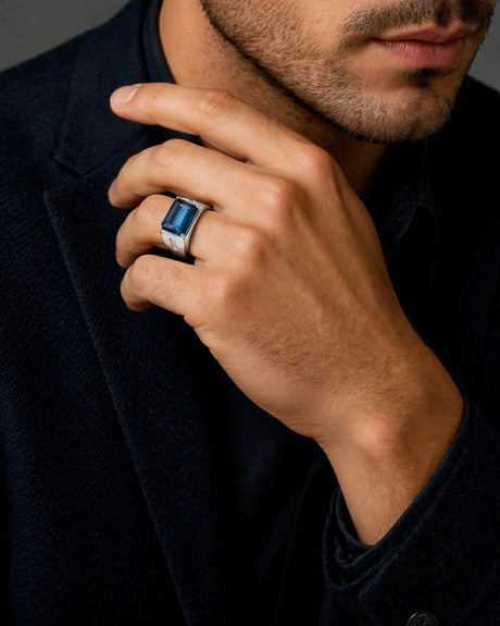 Large London blue topaz ring for men with diamonds white gold | SARATTI