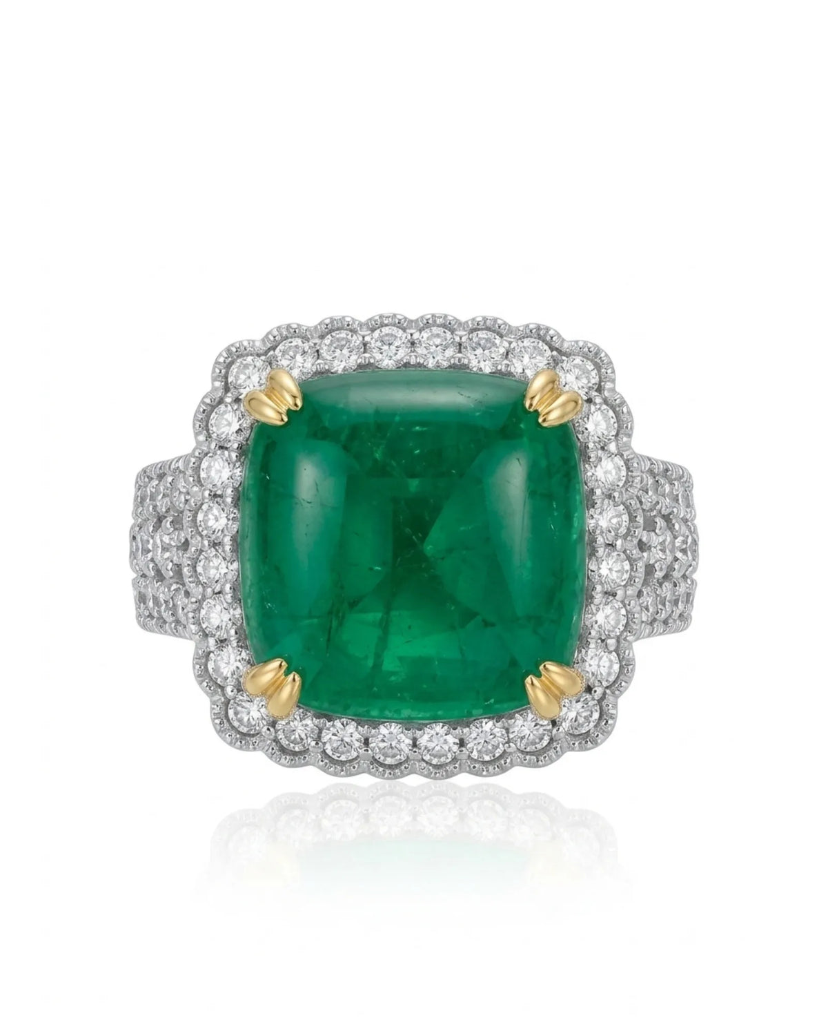 Large green sugar emerald cushion ring surrounded by 0.91ct diamonds in 18K gold | SARATTI