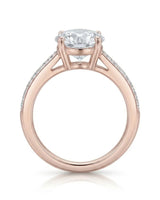 Layla engagement ring side profile with elevated prong setting and diamond shoulders in 18K rose gold | SARATTI