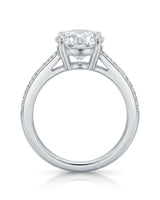 Layla engagement ring side profile with elevated prong setting and diamond shoulders in Platinum | SARATTI