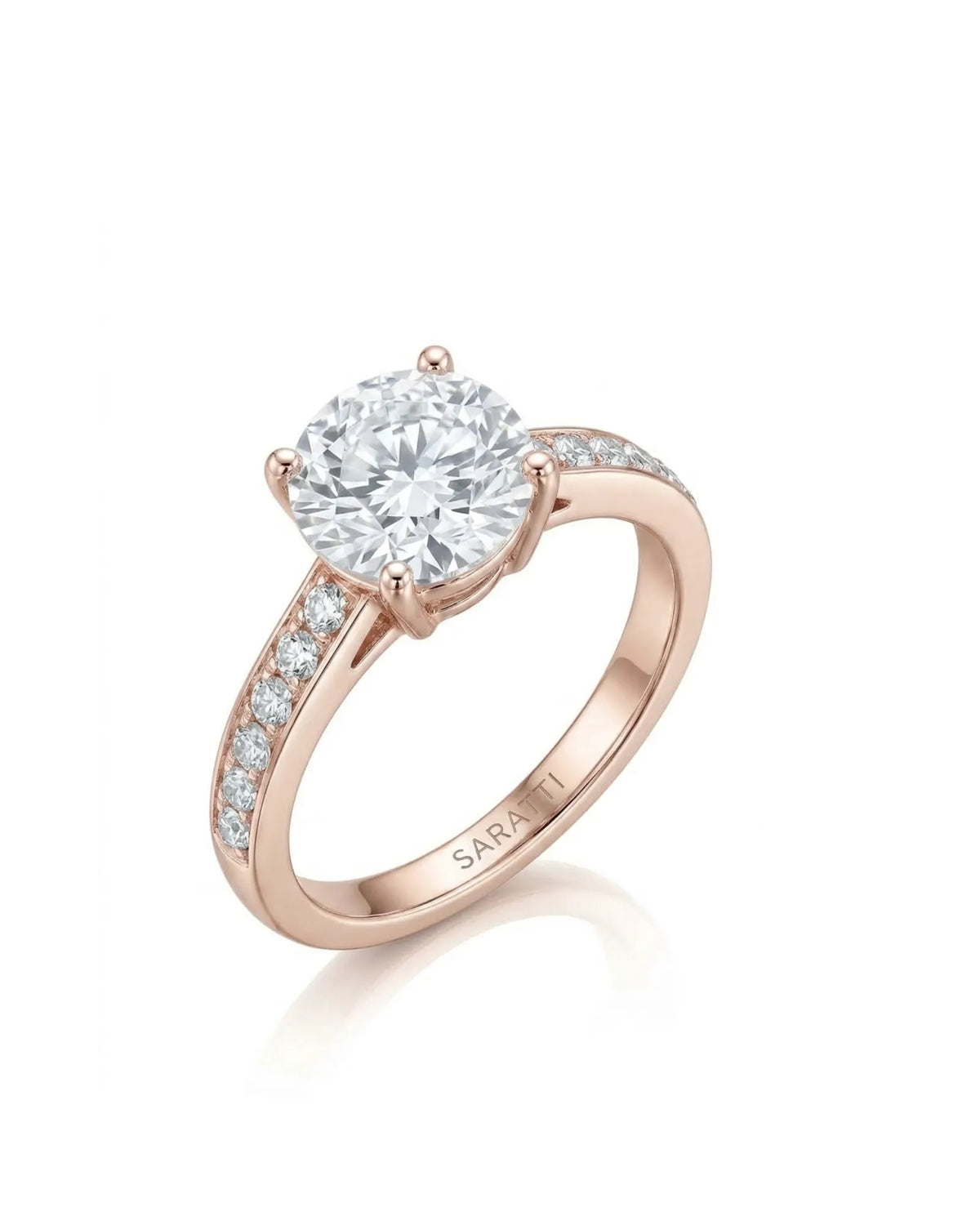 Layla round centre stone engagement ring 45-degree view with diamond-set shoulders in 18K rose gold | SARATTI