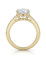 Layla round centre stone engagement ring model hand view in 18K yellow gold | SARATTI