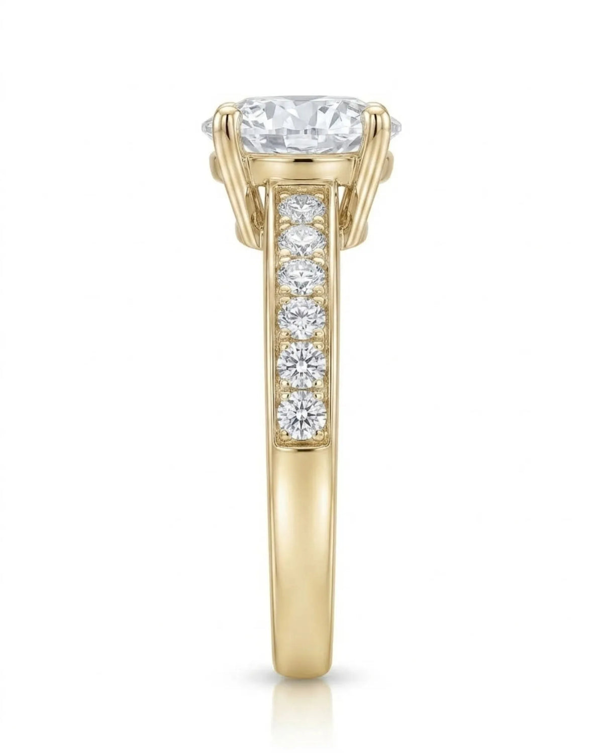 Layla round engagement ring side view showing pavé-set shoulder detail in 18K yellow gold | SARATTI