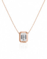 SOLARA Bezel-Set Emerald Cut solitaire necklace setting in rose gold, front view | SARATTI
