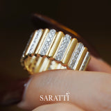 Lifestyle view of Golden Pillar ribbed gold ring with diamond bar, luxury gold accessory | SARATTI
