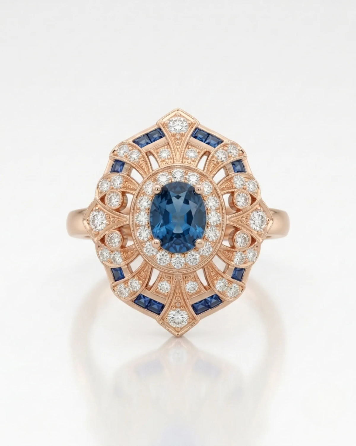 London Blue topaz statement ring with ornate diamond frame for milestone gifting in 18K rose gold | SARATTI