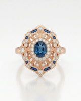 London Blue topaz statement ring with ornate diamond frame for milestone gifting in 18K rose gold | SARATTI