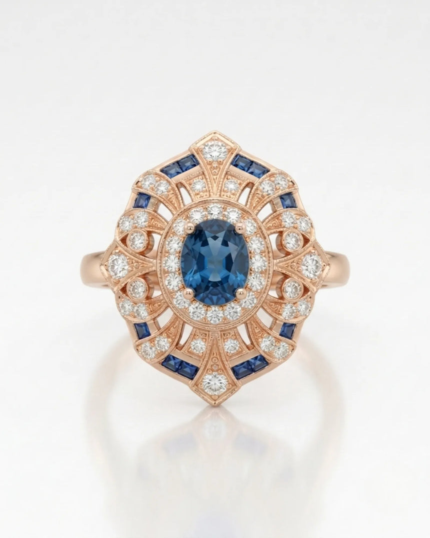 London Blue topaz statement ring with ornate diamond frame for milestone gifting in 18K rose gold | SARATTI