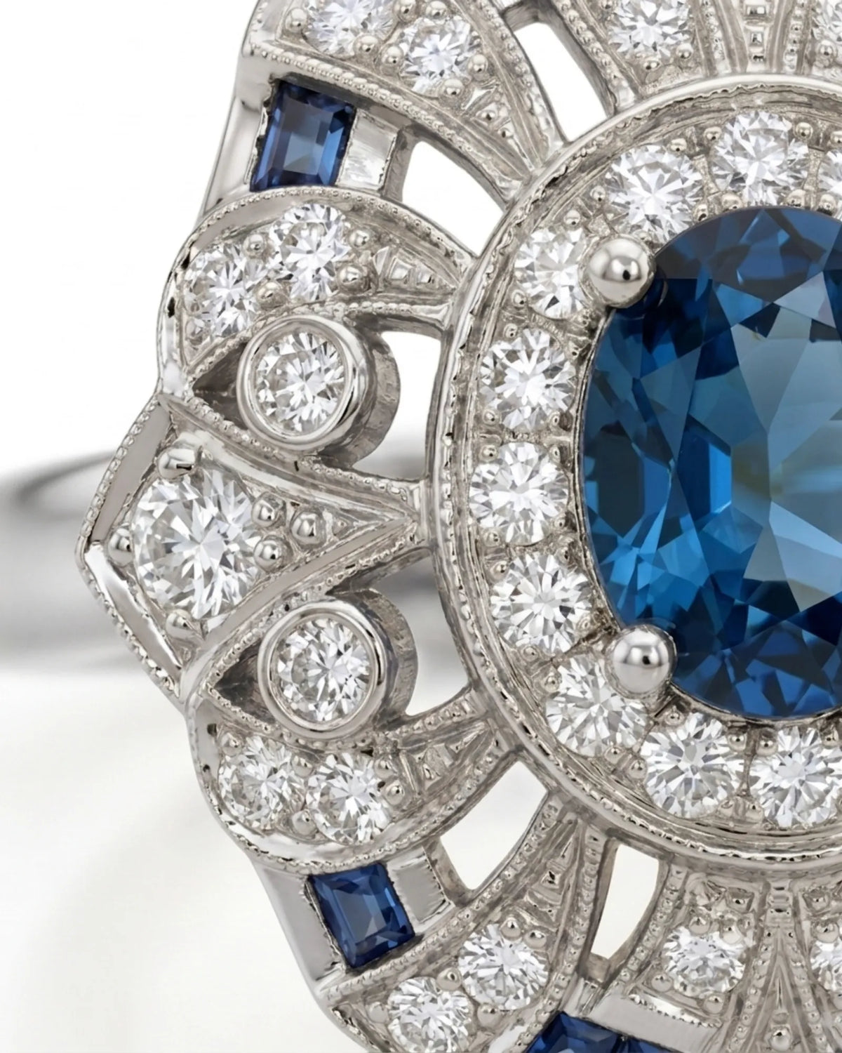 London Blue topaz statement ring with ornate diamond frame for milestone gifting in 18K white gold | SARATTI