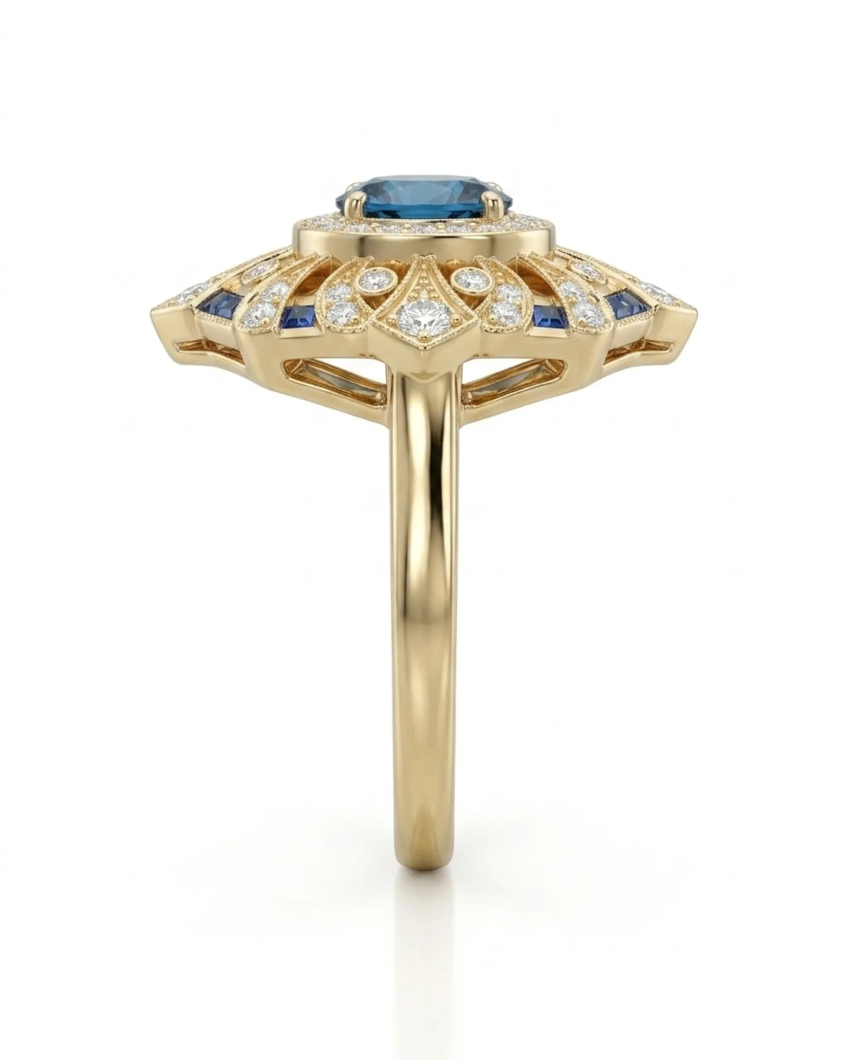 London Blue topaz statement ring with ornate diamond frame for milestone gifting in 18K yellow gold | SARATTI