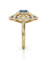 London Blue topaz statement ring with ornate diamond frame for milestone gifting in 18K yellow gold | SARATTI